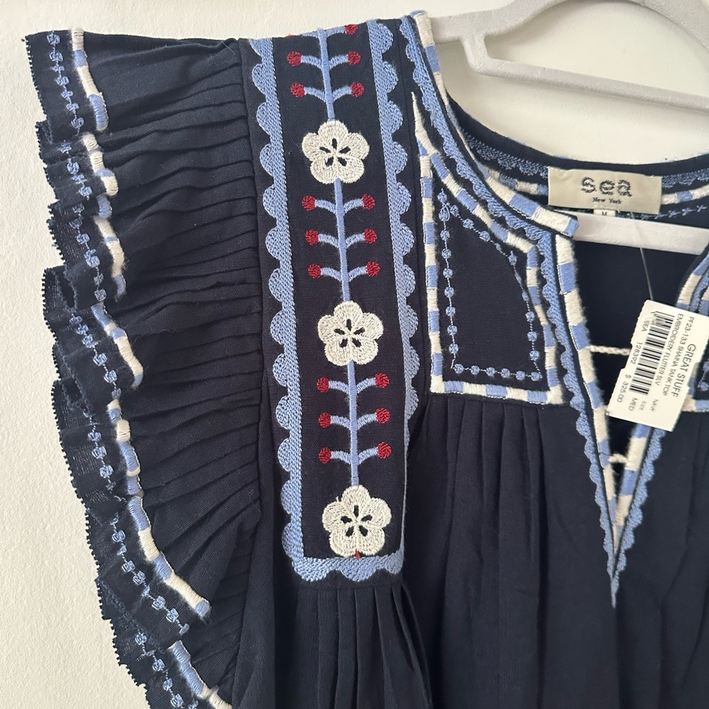 NWT Sea New York “Shaina” Embroidered Navy & White Ruffled Sleeve Tank Top - Picture 4 of 5